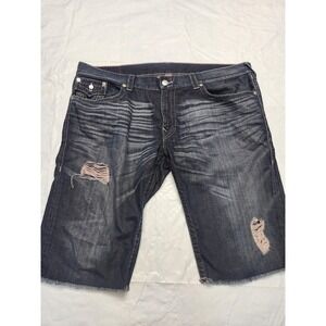 True Religion Denim Shorts Mens 44 Blue Cut Off Straight Flap Distressed Bermuda